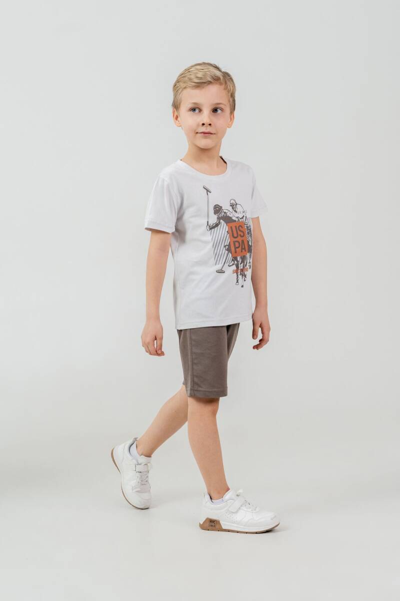 U.S. Polo Assn. Erkek Çocuk Pamuklu Bisiklet Yaka Baskılı Yazlık Regular Fit Krem Bermuda Takım US2472-C-V2 - 1