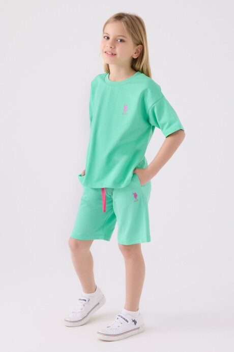U.S. Polo Assn. Kız Çocuk Pamuklu Bisiklet Yaka Sargı Nakışlı Yazlık Regular Fit Yeşil Bermuda Takım US1850-C-V22