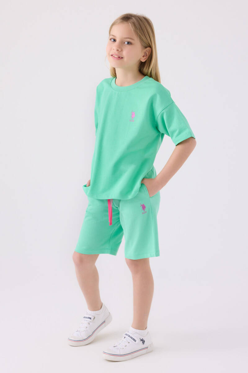 U.S. Polo Assn. Kız Çocuk Pamuklu Bisiklet Yaka Sargı Nakışlı Yazlık Regular Fit Yeşil Bermuda Takım US1850-C-V22 - 1