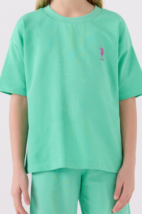 U.S. Polo Assn. Kız Çocuk Bisiklet Yaka Sargı Nakışlı Yazlık Regular Fit Yeşil Bermuda Takım US1850-C-V22 - 4