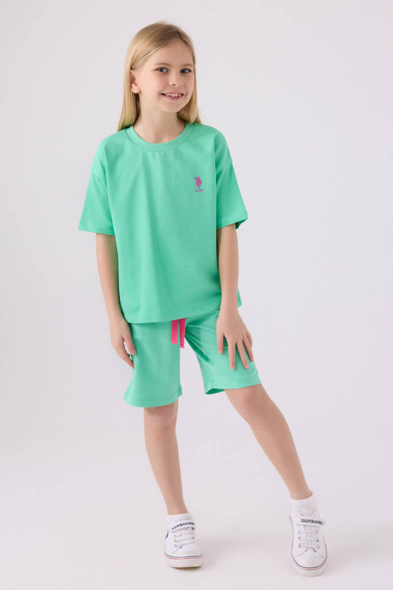 U.S. Polo Assn. Kız Çocuk Bisiklet Yaka Sargı Nakışlı Yazlık Regular Fit Yeşil Bermuda Takım US1850-C-V22 - 3