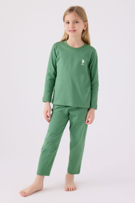 U.S. Polo Assn. Kız Çocuk Pamuklu Bisiklet Yaka Pigment Baskılı Kışlık Regular Fit Yeşil Pijama Takımı US1668-C-V3