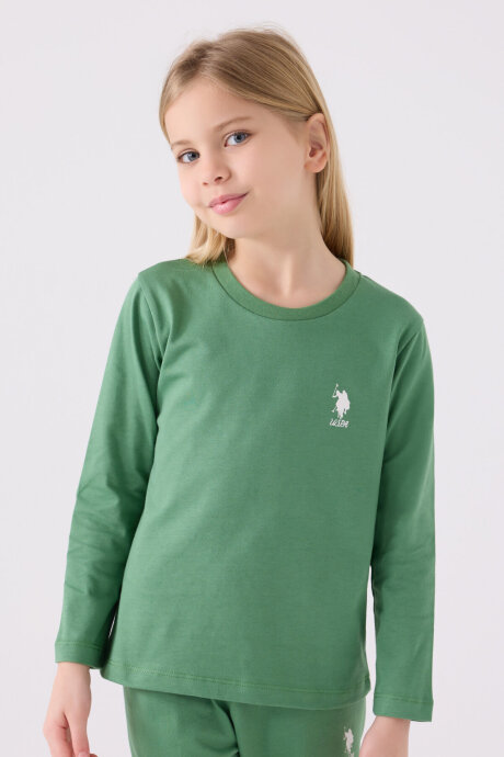 U.S. Polo Assn. Kız Çocuk Pamuklu Bisiklet Yaka Pigment Baskılı Kışlık Regular Fit Yeşil Pijama Takımı US1668-C-V3 (1)