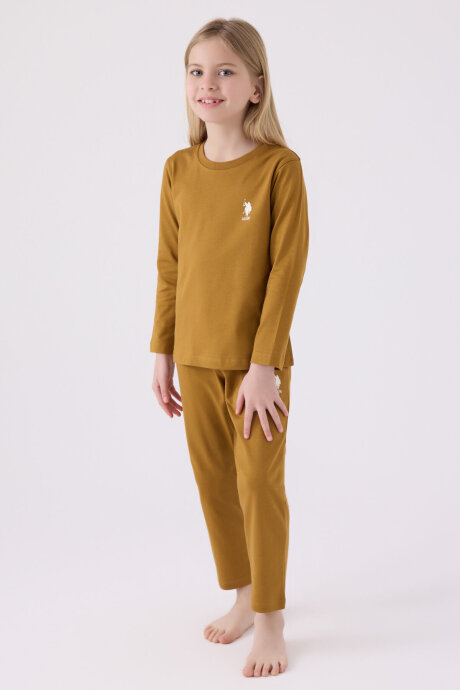 U.S. Polo Assn. Kız Çocuk Pamuklu Bisiklet Yaka Pigment Baskılı Kışlık Regular Fit Kahverengi Pijama Takımı US1668-C-V5