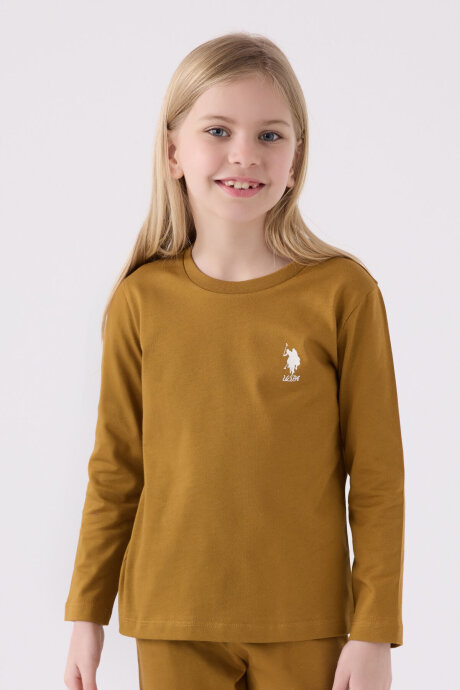 U.S. Polo Assn. Kız Çocuk Pamuklu Bisiklet Yaka Pigment Baskılı Kışlık Regular Fit Kahverengi Pijama Takımı US1668-C-V5 (1)