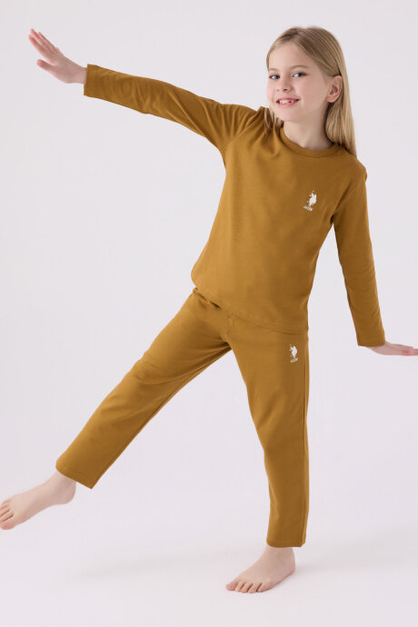 U.S. Polo Assn. Kız Çocuk Pamuklu Bisiklet Yaka Pigment Baskılı Kışlık Regular Fit Kahverengi Pijama Takımı US1668-C-V5 - 3