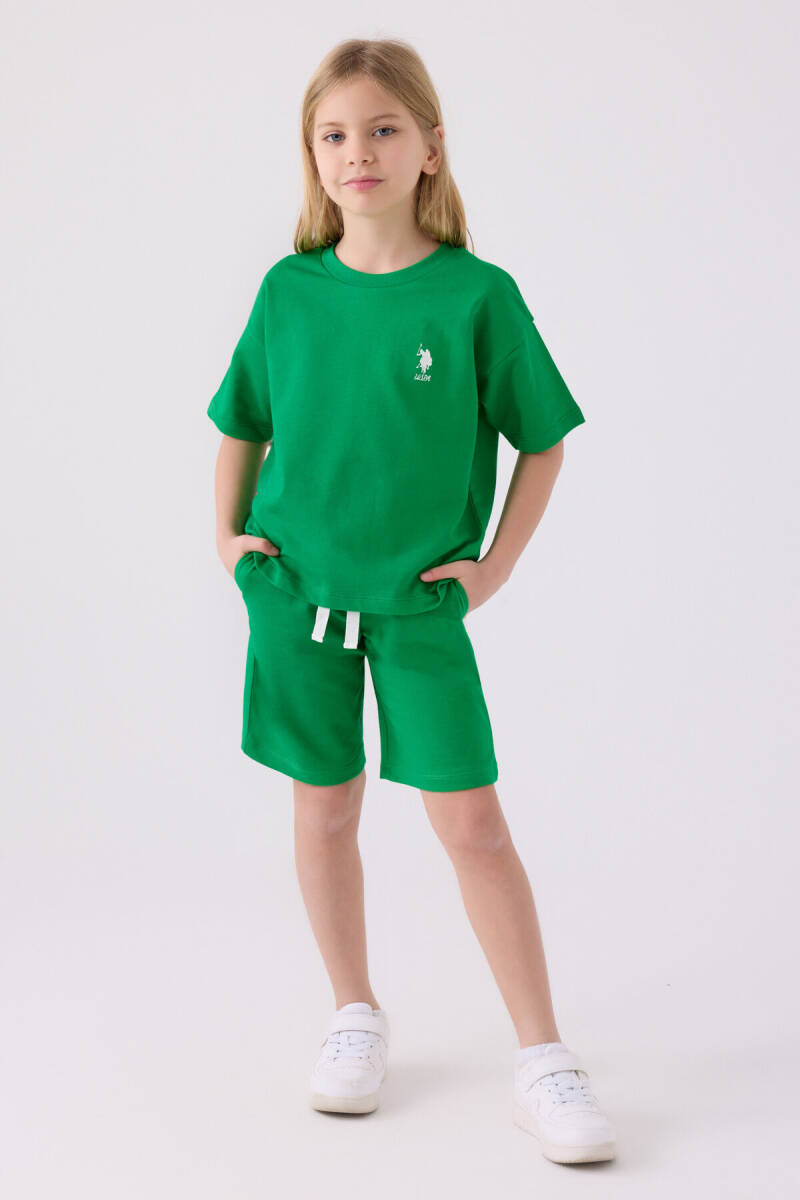 U.S. Polo Assn. Kız Çocuk Pamuklu Bisiklet Yaka Sargı Nakışlı Yazlık Regular Fit Yeşil Bermuda Takım US1850-C-V12 - 1