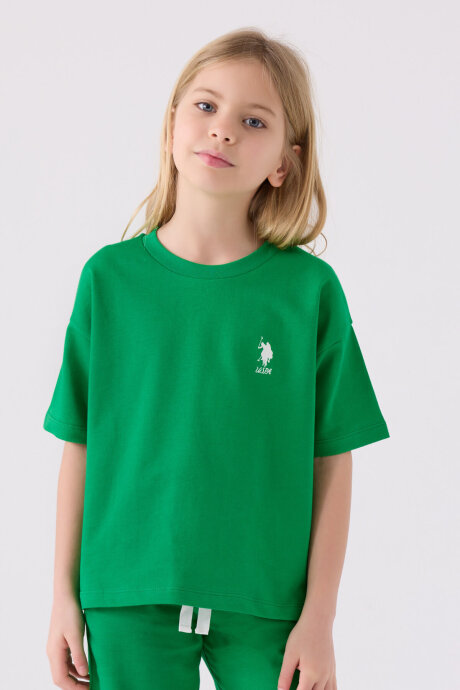 U.S. Polo Assn. Kız Çocuk Pamuklu Bisiklet Yaka Sargı Nakışlı Yazlık Regular Fit Yeşil Bermuda Takım US1850-C-V12 - 2