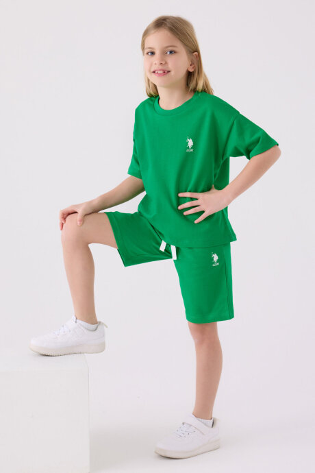 U.S. Polo Assn. Kız Çocuk Pamuklu Bisiklet Yaka Sargı Nakışlı Yazlık Regular Fit Yeşil Bermuda Takım US1850-C-V12 - 3