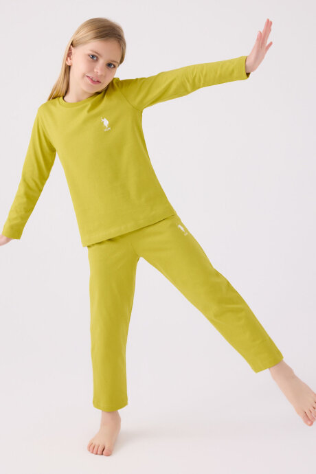U.S. Polo Assn. Kız Çocuk Pamuklu Bisiklet Yaka Pigment Baskılı Kışlık Regular Fit Yeşil Pijama Takımı US1668-C-V1