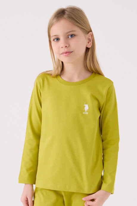 U.S. Polo Assn. Kız Çocuk Pamuklu Bisiklet Yaka Pigment Baskılı Kışlık Regular Fit Yeşil Pijama Takımı US1668-C-V1 (1)