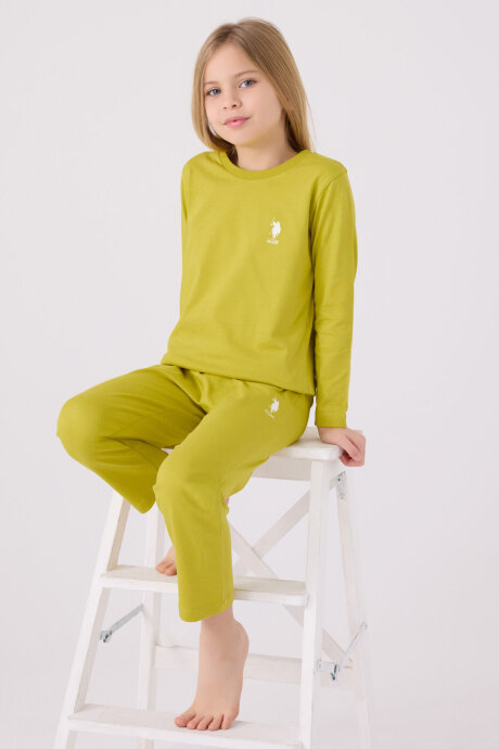 U.S. Polo Assn. Kız Çocuk Pamuklu Bisiklet Yaka Pigment Baskılı Kışlık Regular Fit Yeşil Pijama Takımı US1668-C-V1 - 3