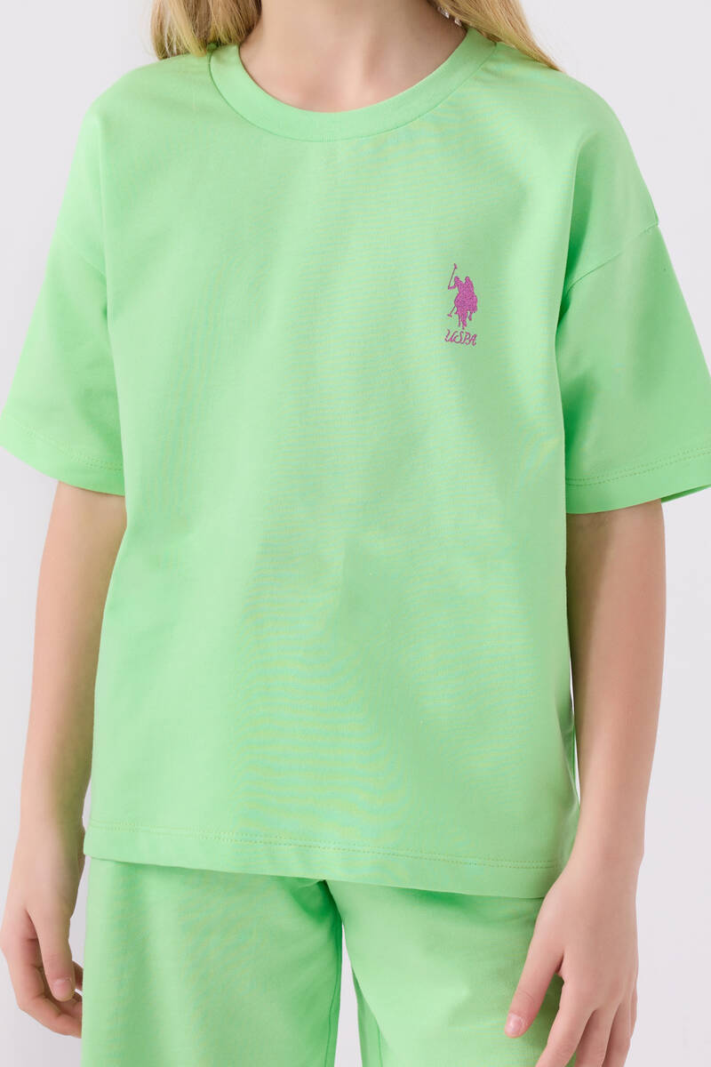 U.S. Polo Assn. Kız Çocuk Pamuklu Bisiklet Yaka Sargı Nakışlı Yazlık Regular Fit Yeşil Bermuda Takım US1850-C-V21 - 4