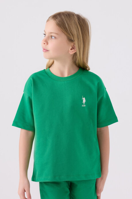 U.S. Polo Assn. Kız Çocuk Pamuklu Bisiklet Yaka Sargı Nakışlı Yazlık Regular Fit Yeşil Bermuda Takım US1850-C-V11 - 2