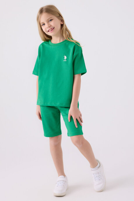 U.S. Polo Assn. Kız Çocuk Pamuklu Bisiklet Yaka Sargı Nakışlı Yazlık Regular Fit Yeşil Bermuda Takım US1850-C-V11 - 3