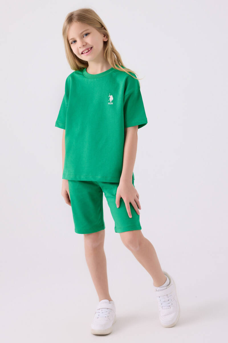 U.S. Polo Assn. Kız Çocuk Pamuklu Bisiklet Yaka Sargı Nakışlı Yazlık Regular Fit Yeşil Bermuda Takım US1850-C-V11 - 3