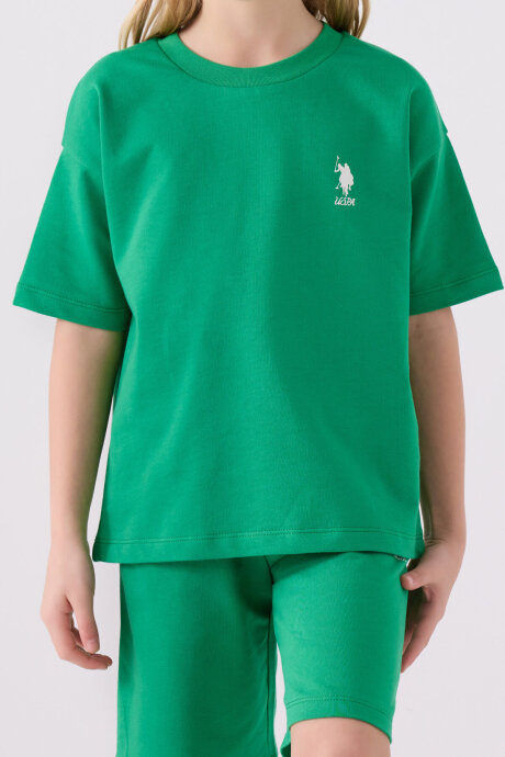 U.S. Polo Assn. Kız Çocuk Pamuklu Bisiklet Yaka Sargı Nakışlı Yazlık Regular Fit Yeşil Bermuda Takım US1850-C-V11 - 4
