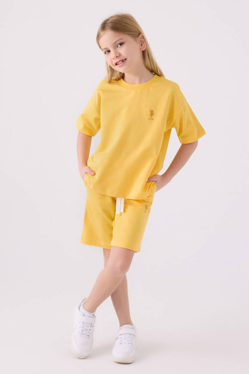U.S. Polo Assn. Kız Çocuk Pamuklu Bisiklet Yaka Sargı Nakışlı Yazlık Regular Fit Sarı Bermuda Takım US1850-C-V4 - 1
