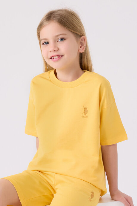 U.S. Polo Assn. Kız Çocuk Pamuklu Bisiklet Yaka Sargı Nakışlı Yazlık Regular Fit Sarı Bermuda Takım US1850-C-V4 - 2