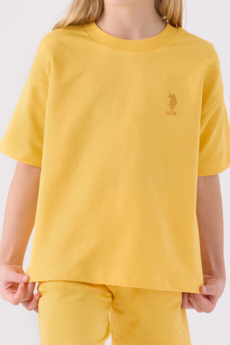 U.S. Polo Assn. Kız Çocuk Pamuklu Bisiklet Yaka Sargı Nakışlı Yazlık Regular Fit Sarı Bermuda Takım US1850-C-V4 - 4
