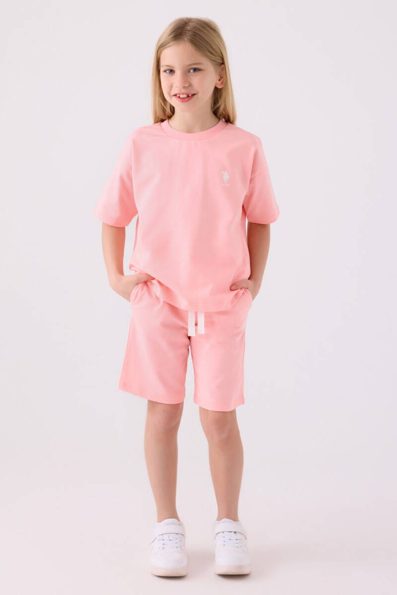 U.S. Polo Assn. Kız Çocuk Pamuklu Bisiklet Yaka Sargı Nakışlı Yazlık Regular Fit Pembe Bermuda Takım US1850-C-V14 - 1