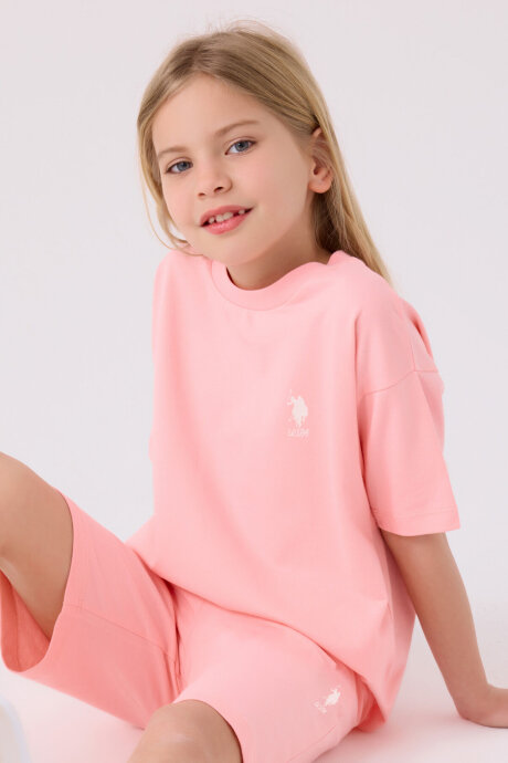 U.S. Polo Assn. Kız Çocuk Pamuklu Bisiklet Yaka Sargı Nakışlı Yazlık Regular Fit Pembe Bermuda Takım US1850-C-V14 - 2