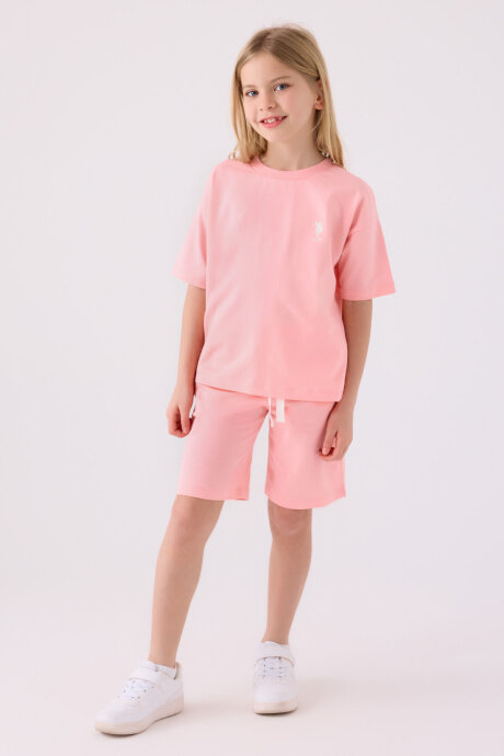 U.S. Polo Assn. Kız Çocuk Pamuklu Bisiklet Yaka Sargı Nakışlı Yazlık Regular Fit Pembe Bermuda Takım US1850-C-V14 - 3