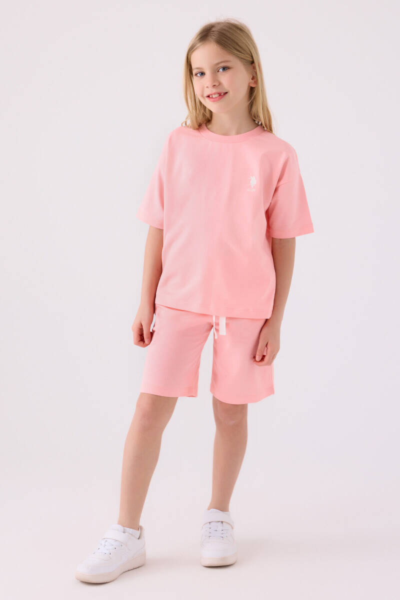 U.S. Polo Assn. Kız Çocuk Pamuklu Bisiklet Yaka Sargı Nakışlı Yazlık Regular Fit Pembe Bermuda Takım US1850-C-V14 - 3