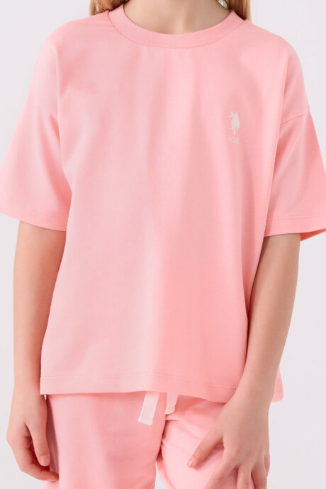 U.S. Polo Assn. Kız Çocuk Pamuklu Bisiklet Yaka Sargı Nakışlı Yazlık Regular Fit Pembe Bermuda Takım US1850-C-V14 - 4