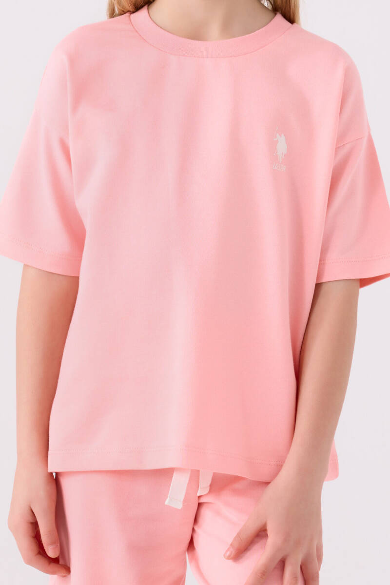 U.S. Polo Assn. Kız Çocuk Pamuklu Bisiklet Yaka Sargı Nakışlı Yazlık Regular Fit Pembe Bermuda Takım US1850-C-V14 - 4