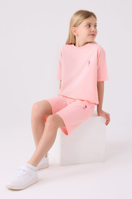 U.S. Polo Assn. Kız Çocuk Pamuklu Bisiklet Yaka Sargı Nakışlı Yazlık Regular Fit Pembe Bermuda Takım US1850-C-V3 - 3