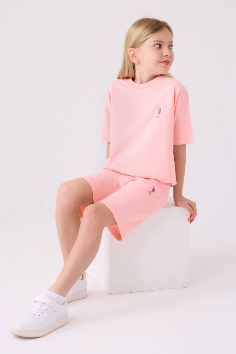U.S. Polo Assn. Kız Çocuk Pamuklu Bisiklet Yaka Sargı Nakışlı Yazlık Regular Fit Pembe Bermuda Takım US1850-C-V3 - 3