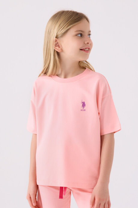 U.S. Polo Assn. Kız Çocuk Pamuklu Bisiklet Yaka Sargı Nakışlı Yazlık Regular Fit Pembe Bermuda Takım US1850-C-V3 - 2