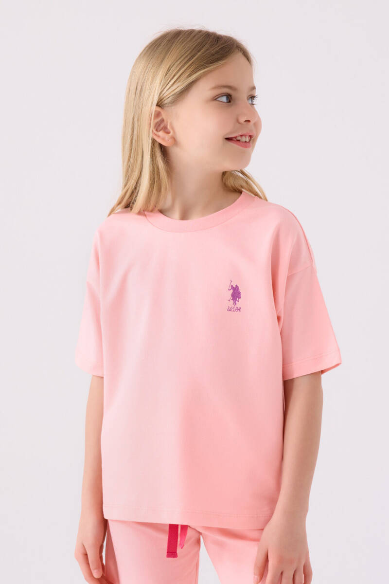 U.S. Polo Assn. Kız Çocuk Pamuklu Bisiklet Yaka Sargı Nakışlı Yazlık Regular Fit Pembe Bermuda Takım US1850-C-V3 - 2