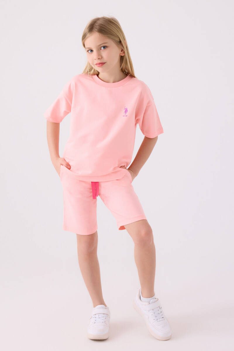 U.S. Polo Assn. Kız Çocuk Pamuklu Bisiklet Yaka Sargı Nakışlı Yazlık Regular Fit Pembe Bermuda Takım US1850-C-V3 - 1
