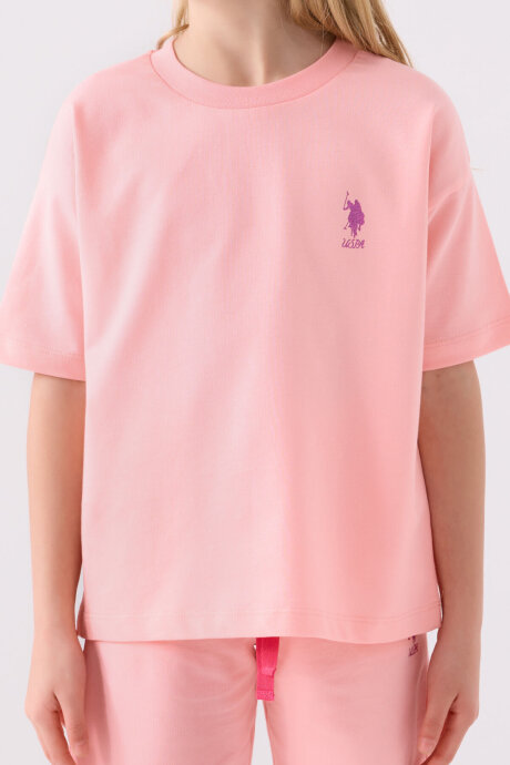 U.S. Polo Assn. Kız Çocuk Pamuklu Bisiklet Yaka Sargı Nakışlı Yazlık Regular Fit Pembe Bermuda Takım US1850-C-V3 - 4