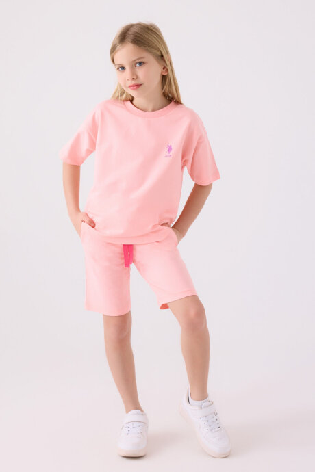 U.S. Polo Assn. Kız Çocuk Bisiklet Yaka Sargı Nakışlı Yazlık Regular Fit Pembe Bermuda Takım US1850-C-V3 
