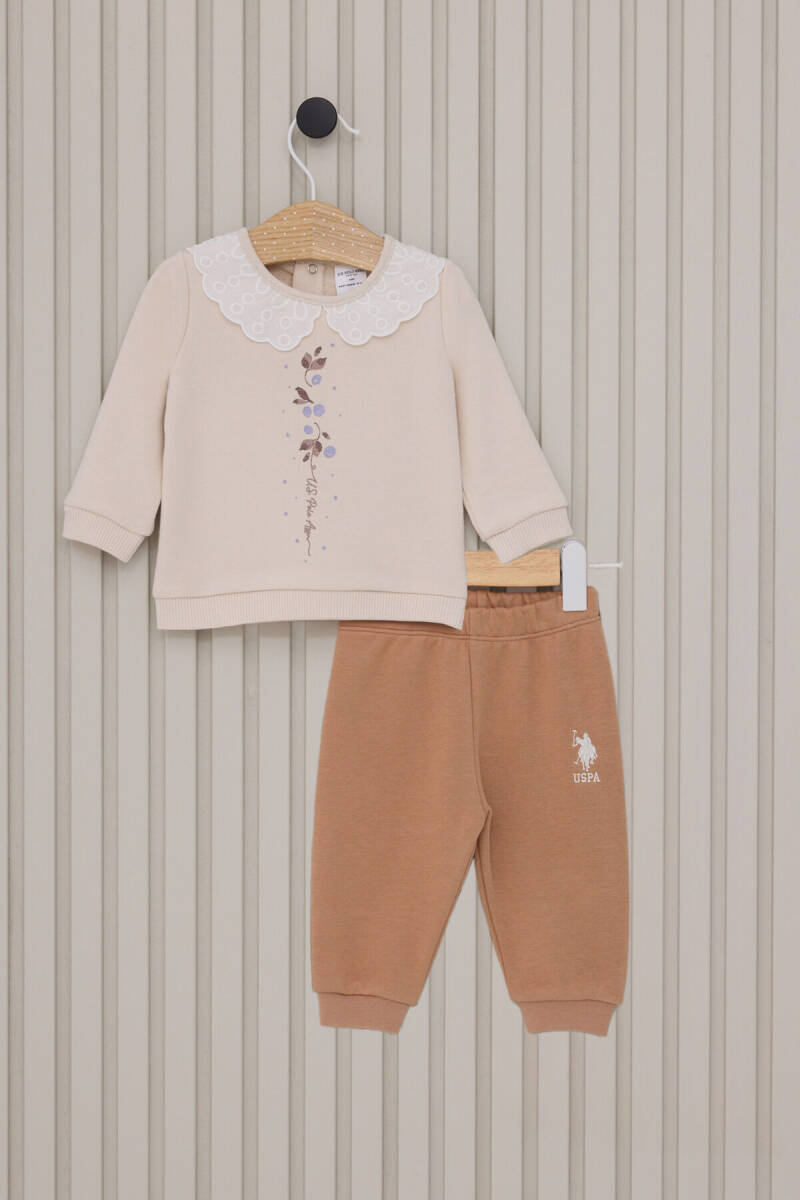 U.S. Polo Assn. Kız Bebek Pamuklu Bebe Yaka Pigment Baskılı Kışlık Regular Fit Krem Bebek Takımı USB2118-C-V1 - 1