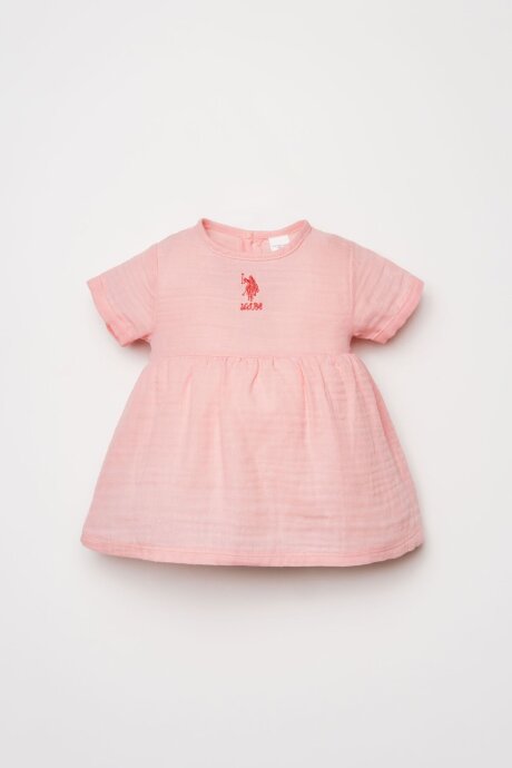 U.S. Polo Assn. Kız Bebek %100 Pamuk Bisiklet Yaka Nakışlı Yazlık Regular Fit Pembe Elbise USB2977-C-V4