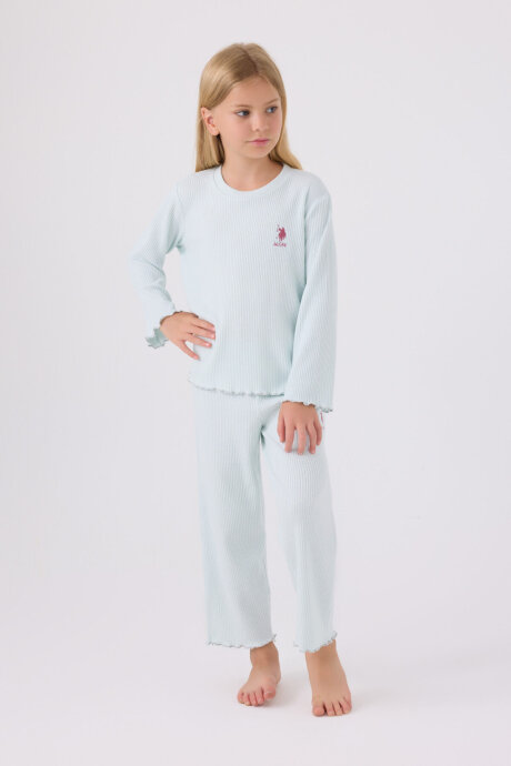 U.S. Polo Assn. Kız Çocuk Pamuklu Bisiklet Yaka Pigment Baskılı Kışlık Regular Fit Mavi Pijama Takımı US1986-C-V4