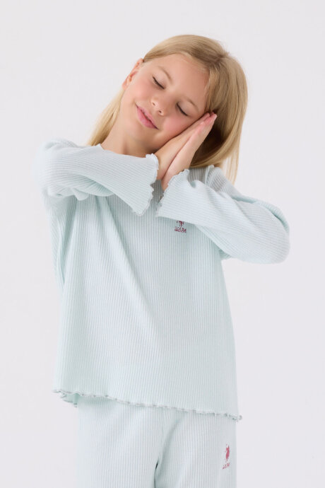 U.S. Polo Assn. Kız Çocuk Pamuklu Bisiklet Yaka Pigment Baskılı Kışlık Regular Fit Mavi Pijama Takımı US1986-C-V4 (1)
