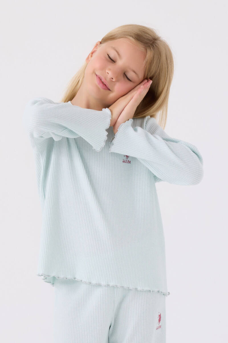 U.S. Polo Assn. Kız Çocuk Pamuklu Bisiklet Yaka Pigment Baskılı Kışlık Regular Fit Mavi Pijama Takımı US1986-C-V4 - 2