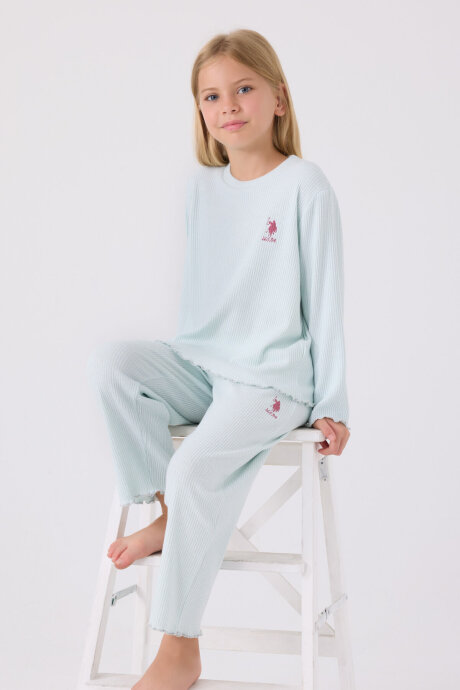 U.S. Polo Assn. Kız Çocuk Pamuklu Bisiklet Yaka Pigment Baskılı Kışlık Regular Fit Mavi Pijama Takımı US1986-C-V4 - 3