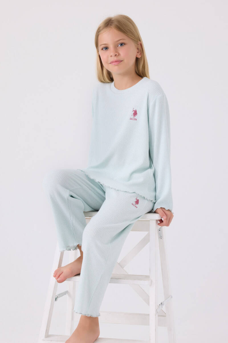 U.S. Polo Assn. Kız Çocuk Pamuklu Bisiklet Yaka Pigment Baskılı Kışlık Regular Fit Mavi Pijama Takımı US1986-C-V4 - 3