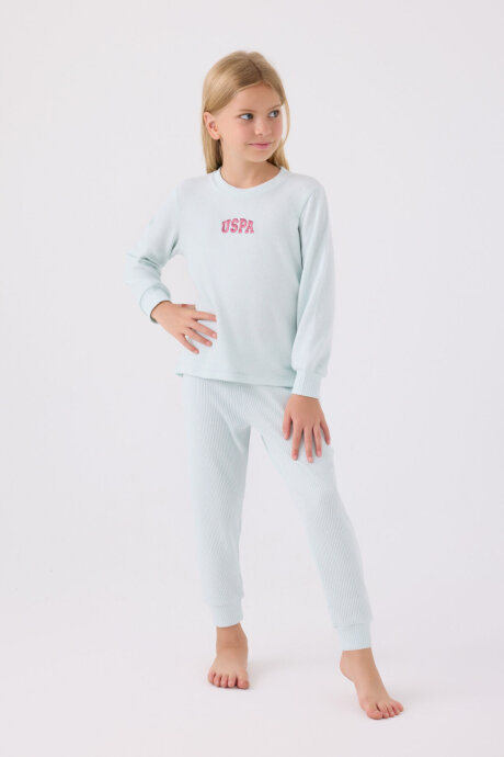 U.S. Polo Assn. Kız Çocuk Bisiklet Yaka Pigment Baskılı Kışlık Regular Fit Mavi Pijama Takımı US1987-C-V4