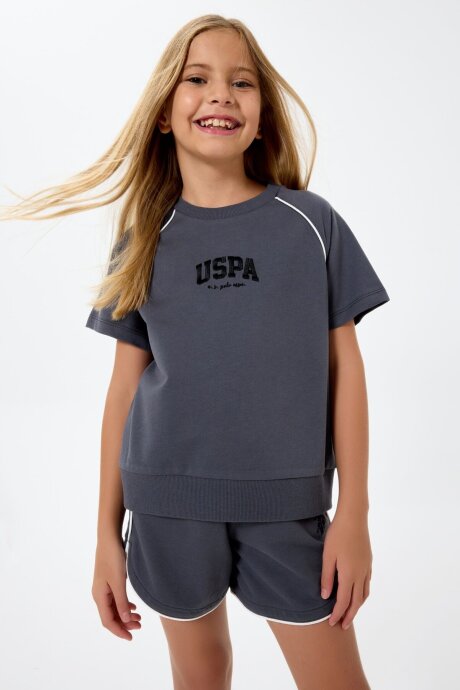 U.S. Polo Assn. Kız Çocuk Bisiklet Yaka Nakışlı Yazlık Regular Fit Gri Şort Takım US2528-C-V1