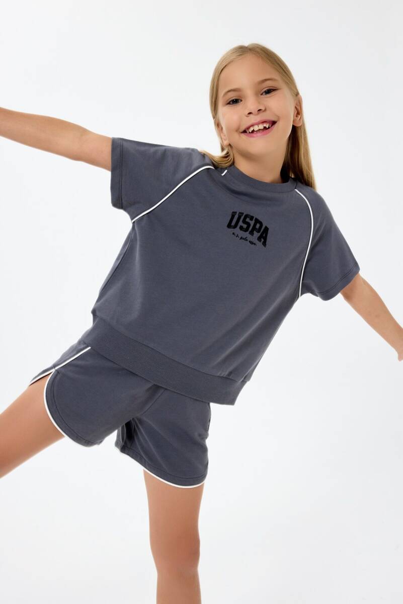 U.S. Polo Assn. Kız Çocuk %100 Pamuk Bisiklet Yaka Nakışlı Yazlık Regular Fit Gri Şort Takım US2528-C-V1 - 3