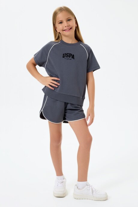 U.S. Polo Assn. Kız Çocuk %100 Pamuk Bisiklet Yaka Nakışlı Yazlık Regular Fit Gri Şort Takım US2528-C-V1 - 5