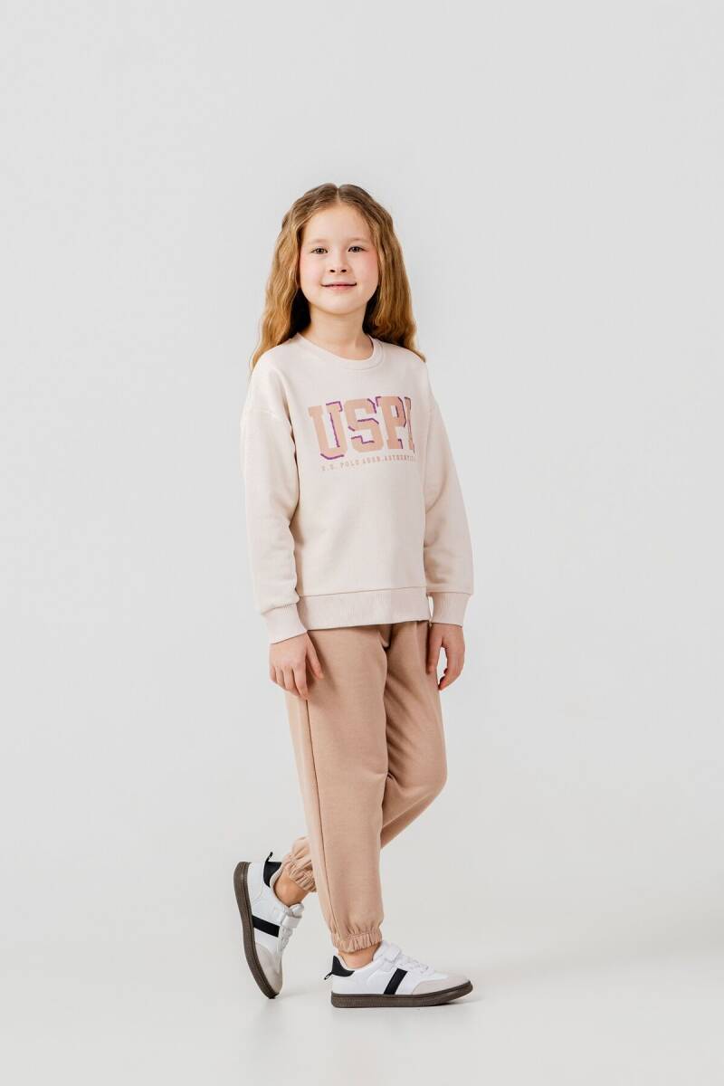 U.S. Polo Assn. Kız Çocuk Baskılı Krem Uzun Kol Eşofman Takımı US2706-C-V2 - 1