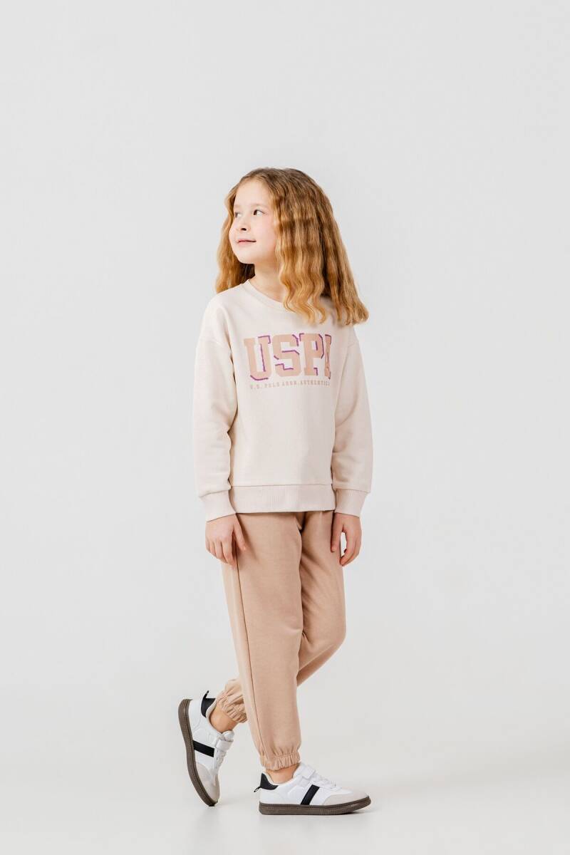 U.S. Polo Assn. Kız Çocuk Baskılı Krem Uzun Kol Eşofman Takımı US2706-C-V2 - 5